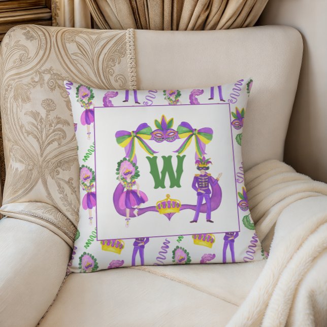 Almofada Watercolor Mardi Gras Monogram Crest Photo (Criador carregado)