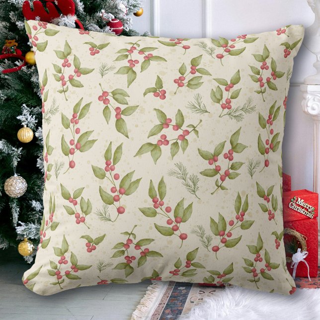 Almofada Watercolor Mistletoe Berries Natal (Criador carregado)