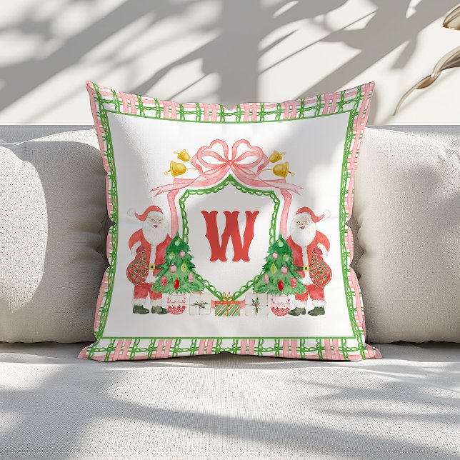 Almofada Watercolor Monogram Initial Plaid Santa Crest (Criador carregado)