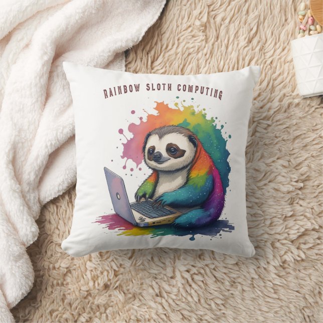 Almofada Watercolor Rainbow Cute Sloth Computing (Cobertor)