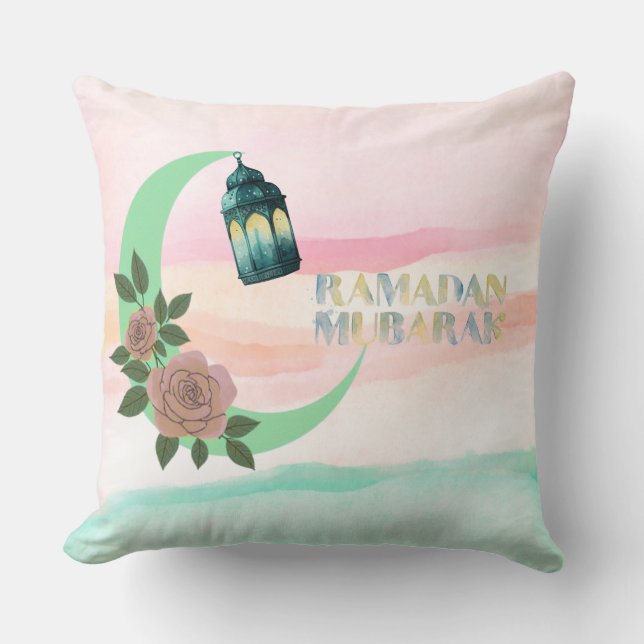 Almofada Watercolor Ramadan Design | Lantern, Crescent Moon (Frente)