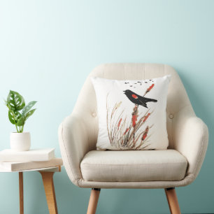Almofada Watercolor Red Wing Blackbird Bird Nature art