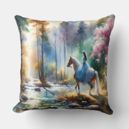 Almofada Watercolor River Horsewoman Forest Light