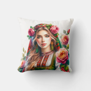 Almofada Watercolor Rosas e Mulher Folk Búlgara Étnica