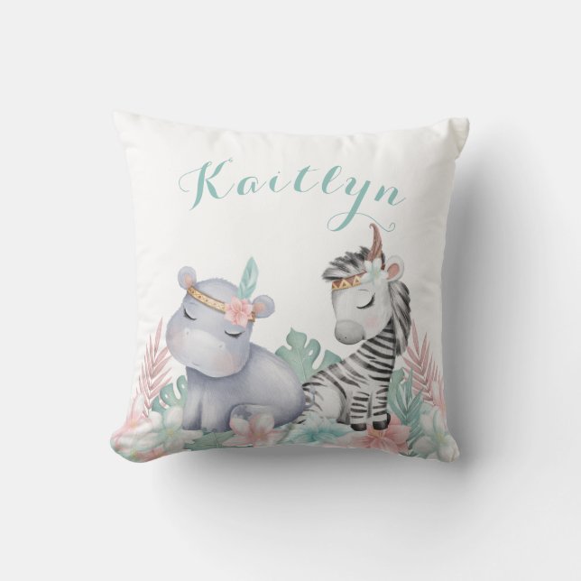Almofada Watercolor Safari Animal Baby NurserGirl (Frente)