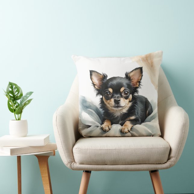 ALMOFADA WATERCOLOR TAN & BLACK LONG HAIAHUA DOG (Cadeira)