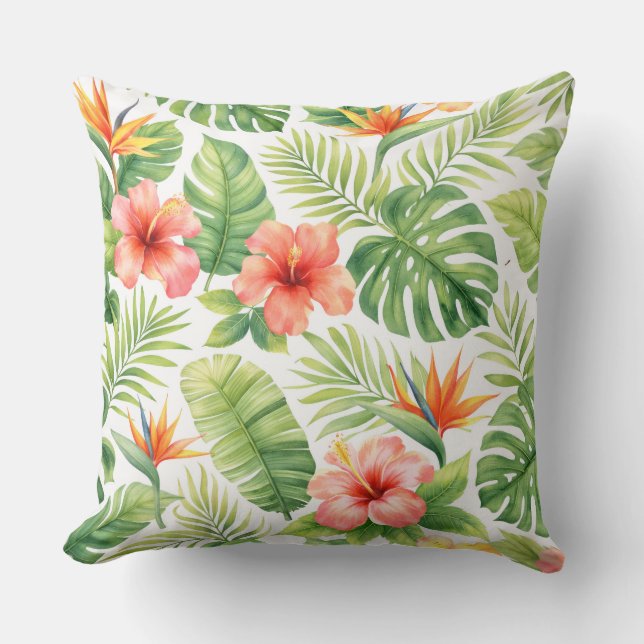 Almofada Watercolor Tropical Hibiscus and Bird of Paradise (Frente)