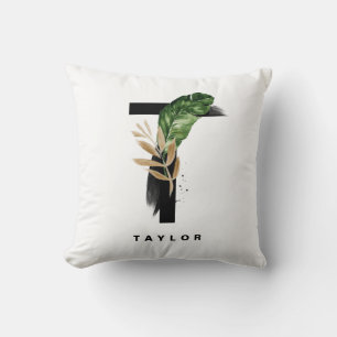 Almofada Watercolor Tropical Palm Sai - Letra T Monograma
