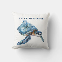 Almofada Watercolor Whimsical Blue Sea Turtle