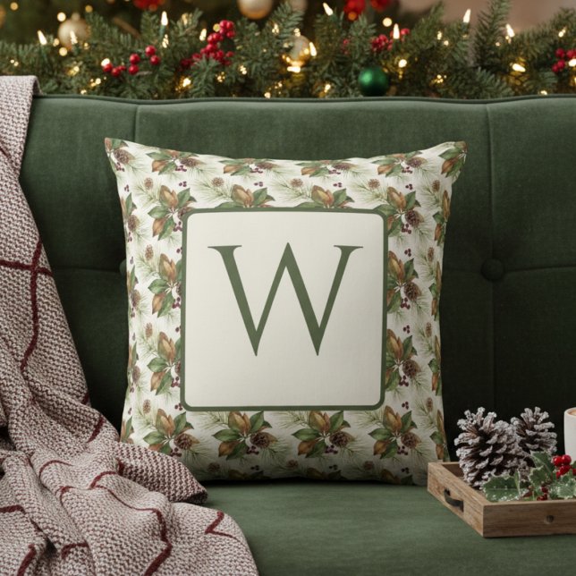 Almofada Watercolor Winter Botanical Pattern (Holiday monogram pillow
)