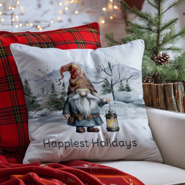 Almofada Watercolor Winter Christmas Gnomo (Watercolor Winter Christmas Gnome Throw Pillow)