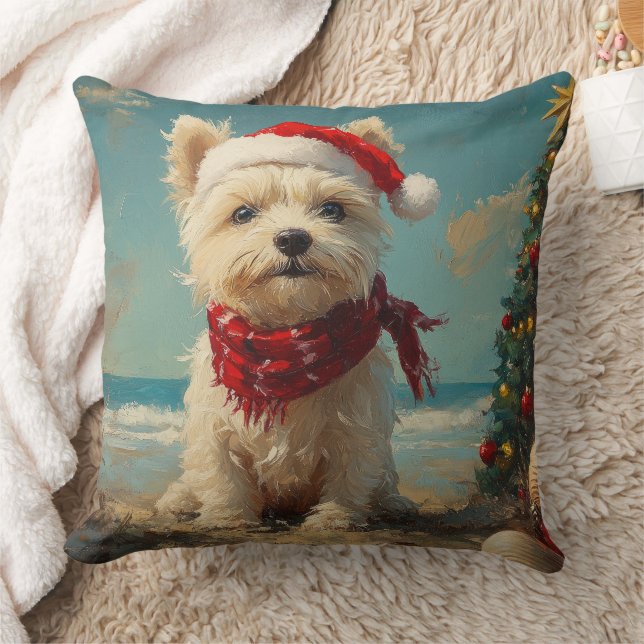 Almofada West Highland White Terrier Dog Christmas Beach (Cobertor)