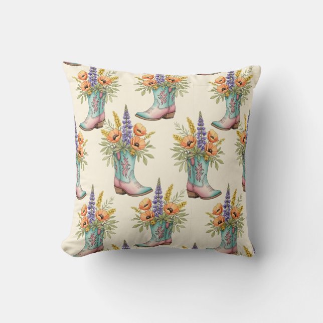 Almofada Western Floral Cowboy Boot Teal & Pink (Frente)