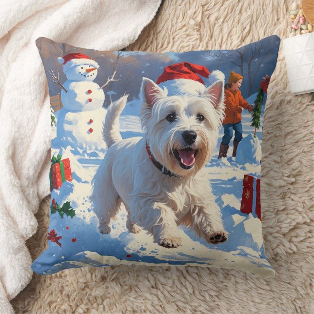 Almofada Westie Correndo na Neve com Chapéu de Natal (Cobertor)