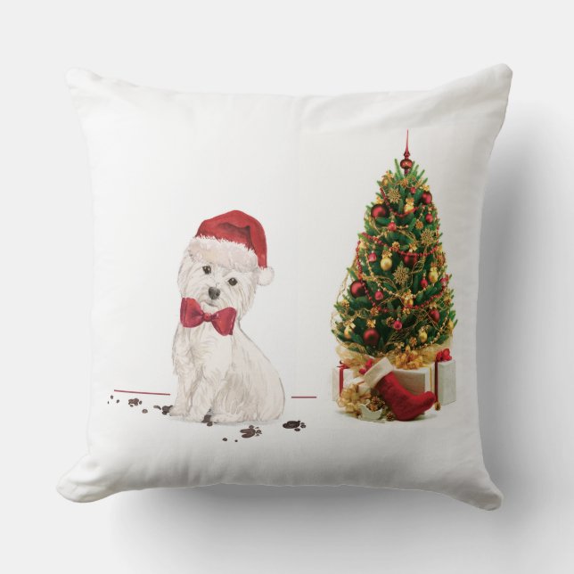 Almofada Westie Engraçado Cachorro de Natal com Árvore (Frente)