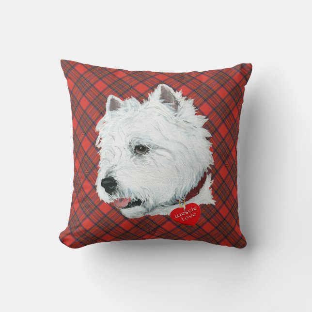 Almofada Westie no TRAVESSEIRO de Tartan (Frente)