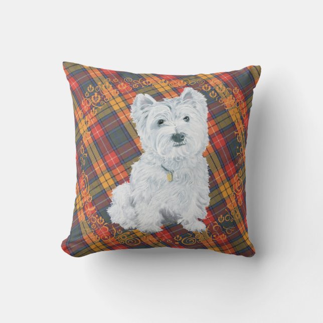 Almofada Westie no TRAVESSEIRO de Tartan (Frente)
