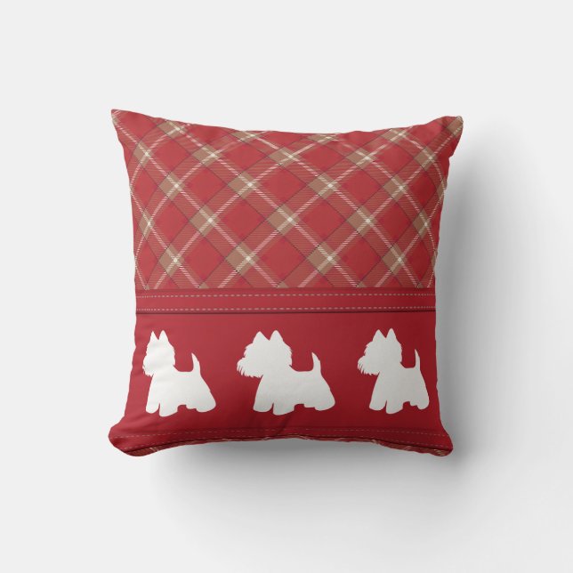 Almofada Westies em tartan vermelho (Frente)