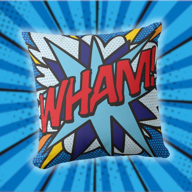 Almofada WHAM Diversão Retro Quadrinho Pop Arte (WHAM Fun Retro Comic Book Pop Art Throw Pillow)