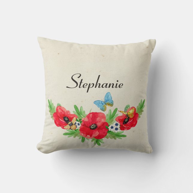 Almofada Whimsage Red Poppy Watercolor Com Nome (Frente)