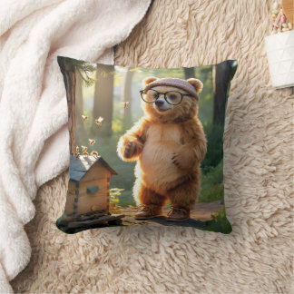 Almofada Whimsical Bear Beekeeper in a Sunny Forest