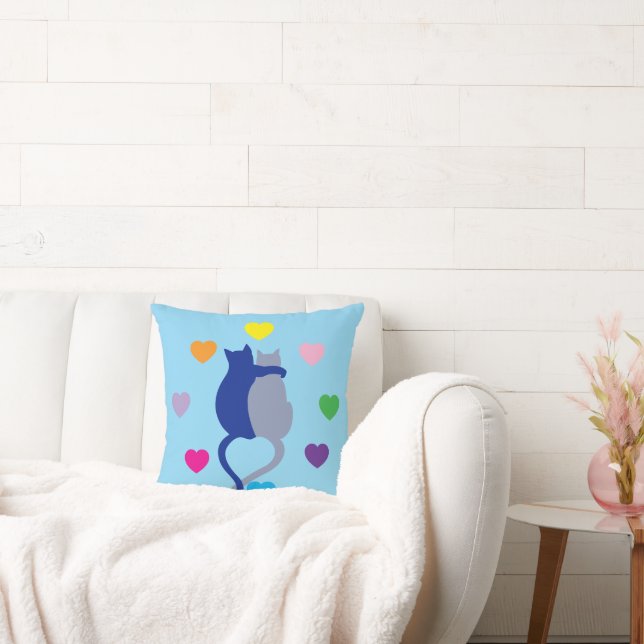 Almofada Whimsical Blue Cat Pillow With Rainbow Hearts (Sofá)