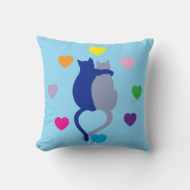 Almofada Whimsical Blue Cat Pillow With Rainbow Hearts