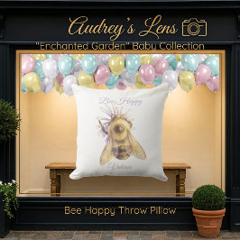 Almofada Whimsical Bumblebee & Wildflowers "Bee Happy"