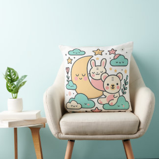 Almofada  Whimsical Bunny and Bear Moon Decorative Pillow