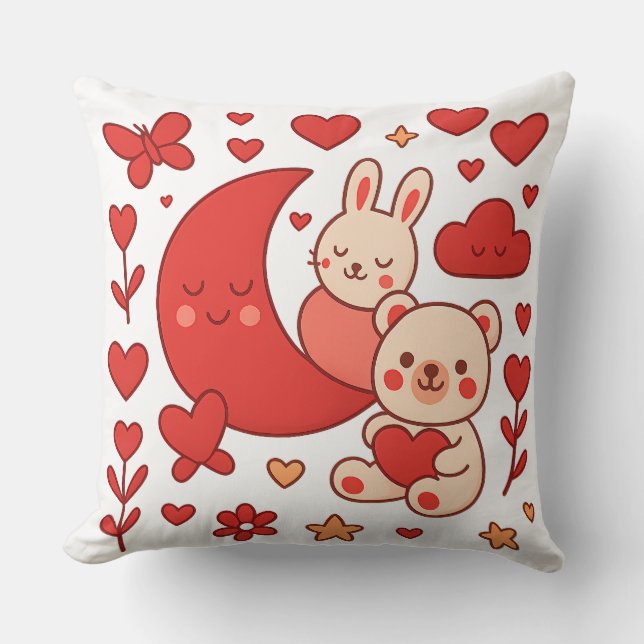 Almofada Whimsical Bunny and Bear Moon Heart Throw Pillow (Frente)