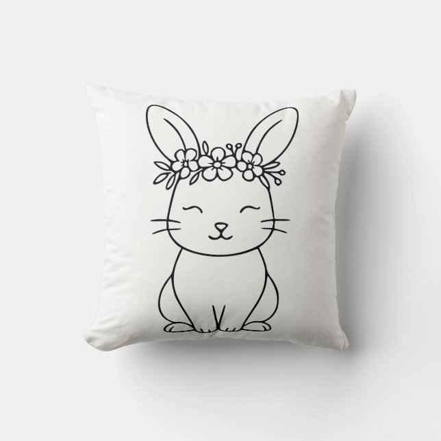 Almofada Whimsical Bunny with Floral Crown Line Art  (Frente)