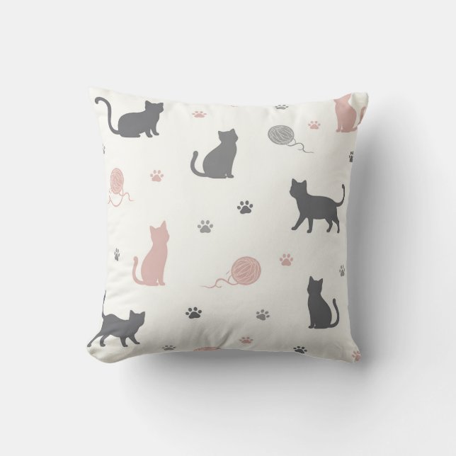 Almofada Whimsical Cat and Yarn Silhouette Pattern (Frente)