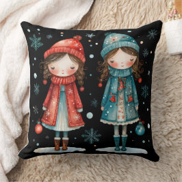 Almofada Whimsical Christmas Girls in the Snow Throw Pillow