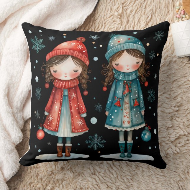Almofada Whimsical Christmas Girls in the Snow Throw Pillow (Cobertor)