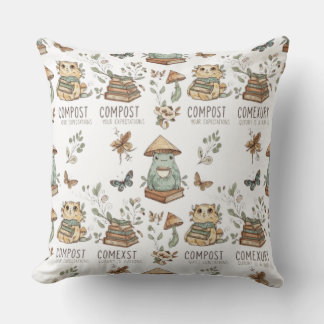 Almofada Whimsical "Compost Your Expectations" Frog & Cat P
