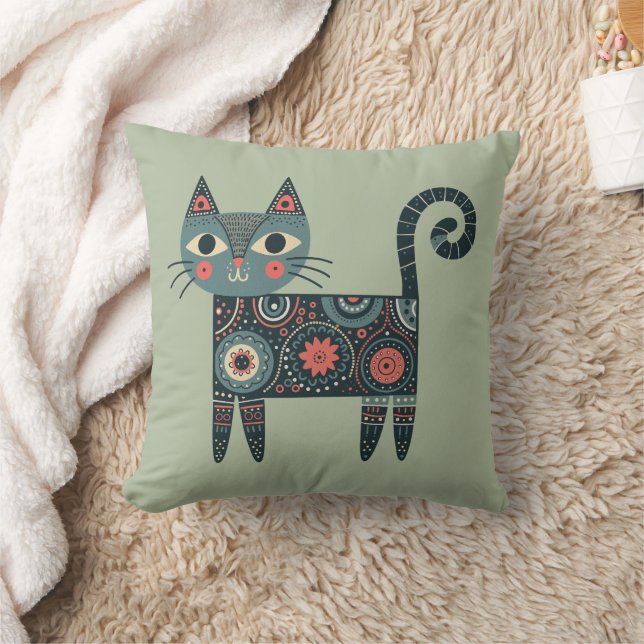 Almofada Whimsical Folk Art Retro Boho Cat Sage (Cobertor)