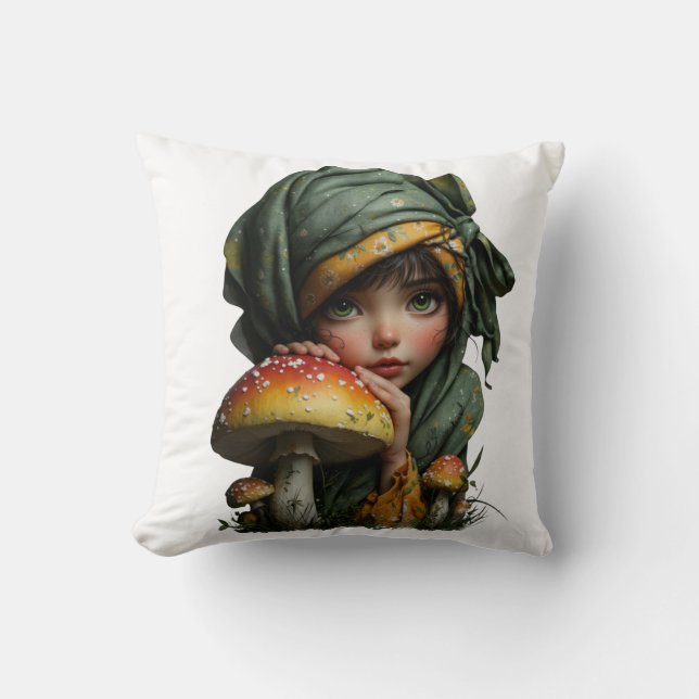Almofada Whimsical Forest Girl with Mushroom Fantasy Art (Frente)