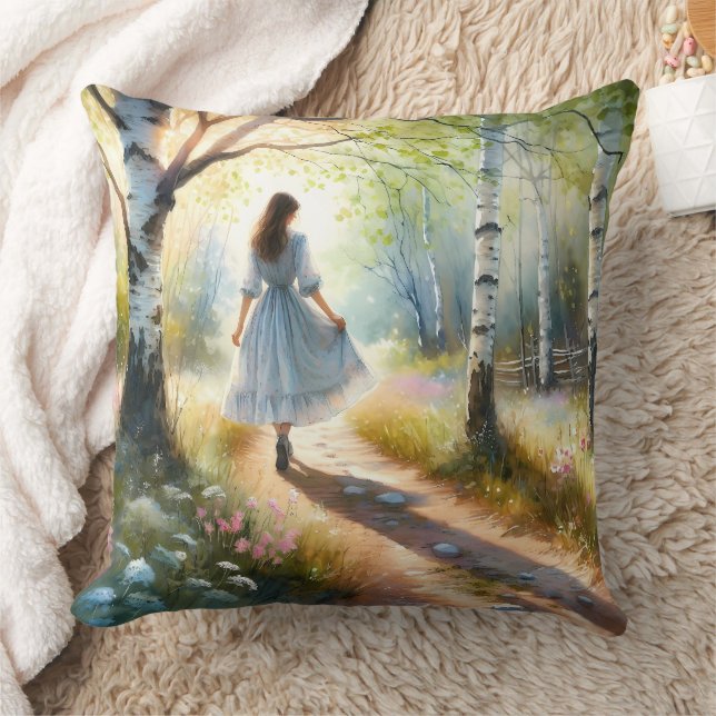 Almofada Whimsical Girl Dancing Through Birch Forest (Cobertor)