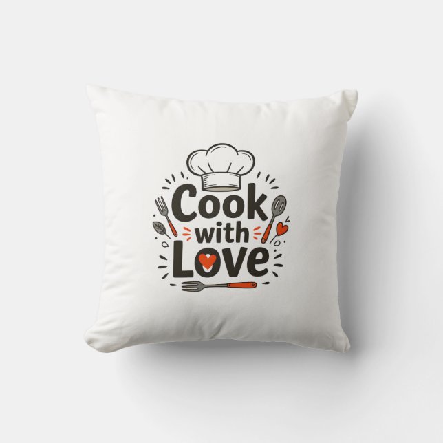 Almofada Whimsical Hand-Drawn "Cook with Love" Logo with Ch (Frente)