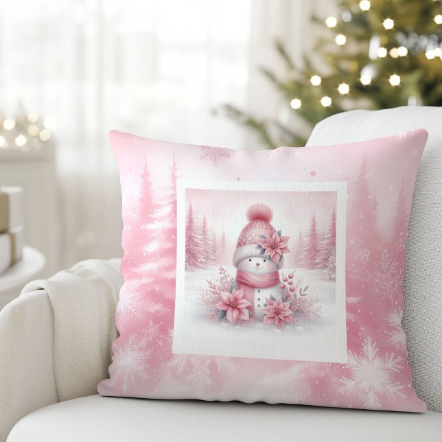 Almofada Whimsical Pink Pillow Snowman Pinkmas Forest (Whimsical Pink Pillow Snowman Pinkmas Forest)
