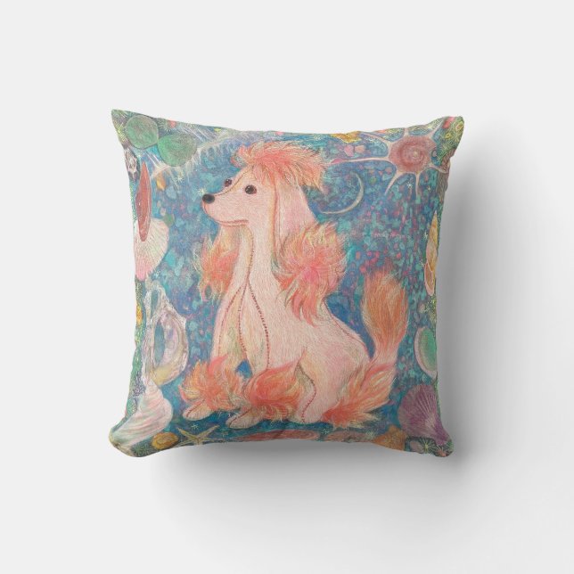 Almofada Whimsical Pink Poodle & Ocean Shells Cushion  (Frente)