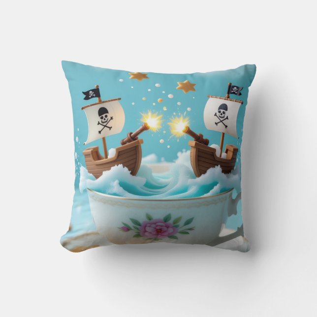 Almofada Whimsical Pirate Ships in Teacup Cushion – Cute Fa (Frente)