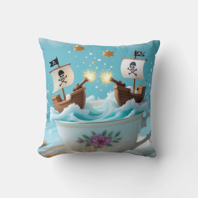 Almofada Whimsical Pirate Ships in Teacup Cushion – Cute Fa (Frente)