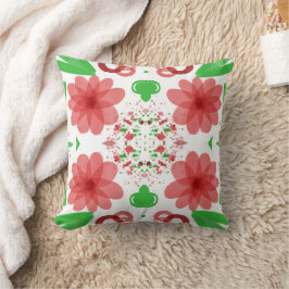 Almofada Whimsical Red Flowers Green Leaves On White Art