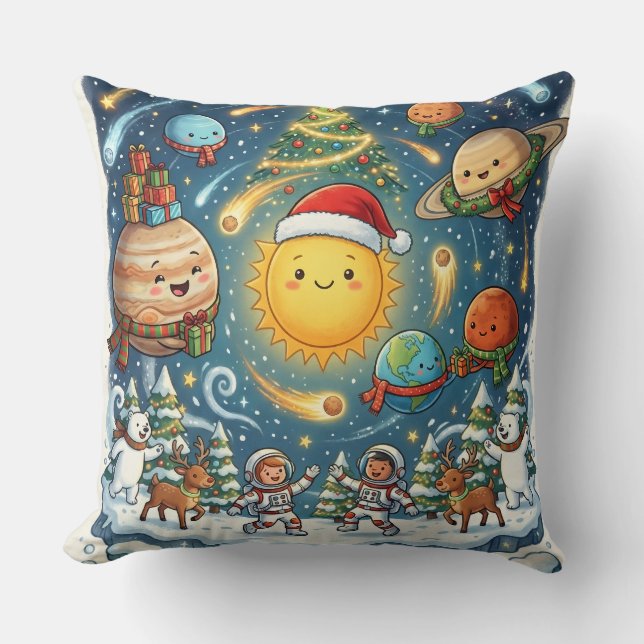 Almofada  Whimsical Solar System Christmas Party with peopl (Frente)