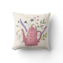 Whimsical Tea Time Doodle Throw Pillow