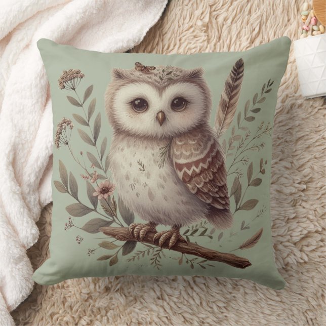 Almofada Whimsical Woodland Owl Botanical Illustration (Cobertor)