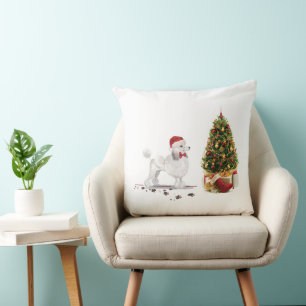 Almofada White Poodle Engraçado Cachorro de Natal com Árvor