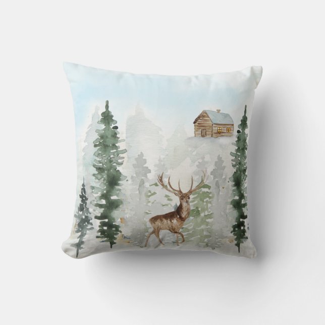 Almofada Wilderness Cabin Deer Snow Pine Árvores (Frente)