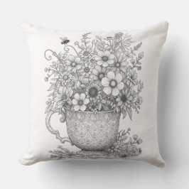 Almofada Wildflowers & Honey Bee Ink Sketch Throw Pillow